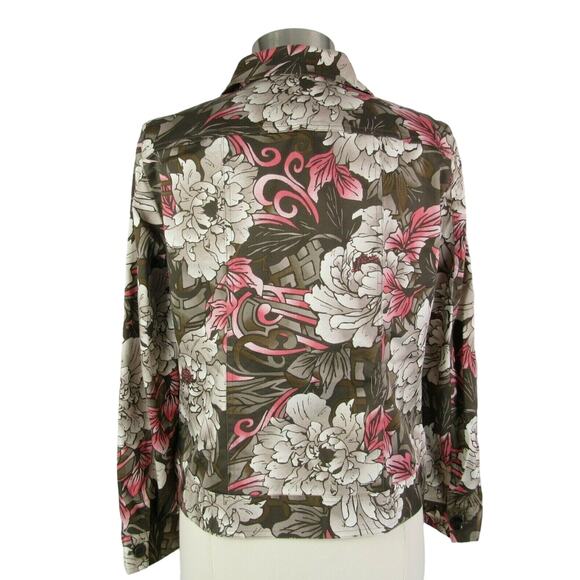 Chico's Size 1 Button Front Blouse Jacket Long Sleeve Taupe Coral Floral Motif - Picture 2 of 10